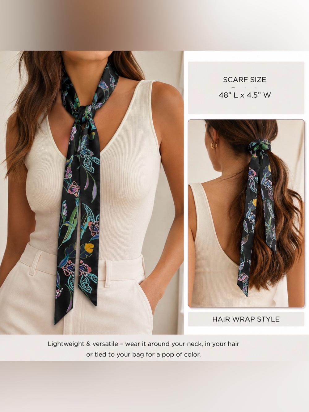 A New Day Floral Hair Scarf Black Botanical Skinny Scarf Neckerchief
